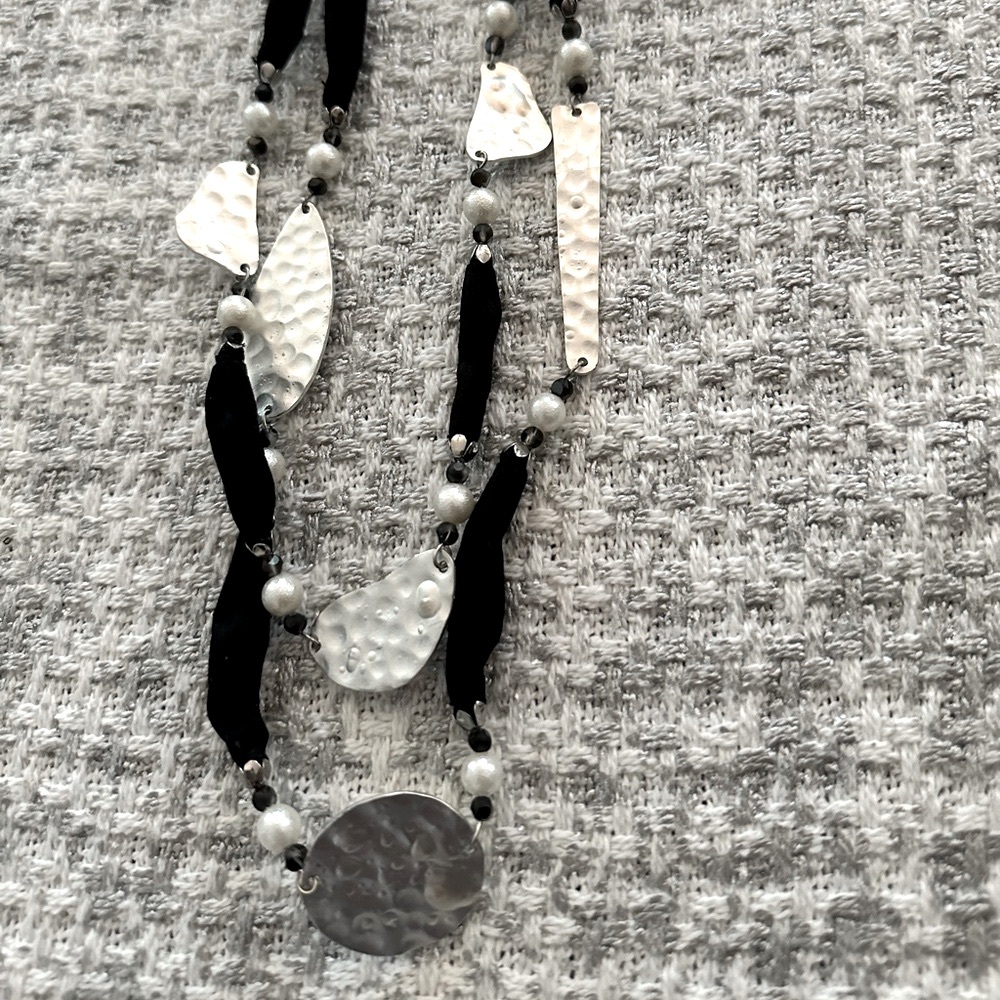Stunning Statement Piece of Silver, Ribbon and Leather Long Double Necklace NWOT